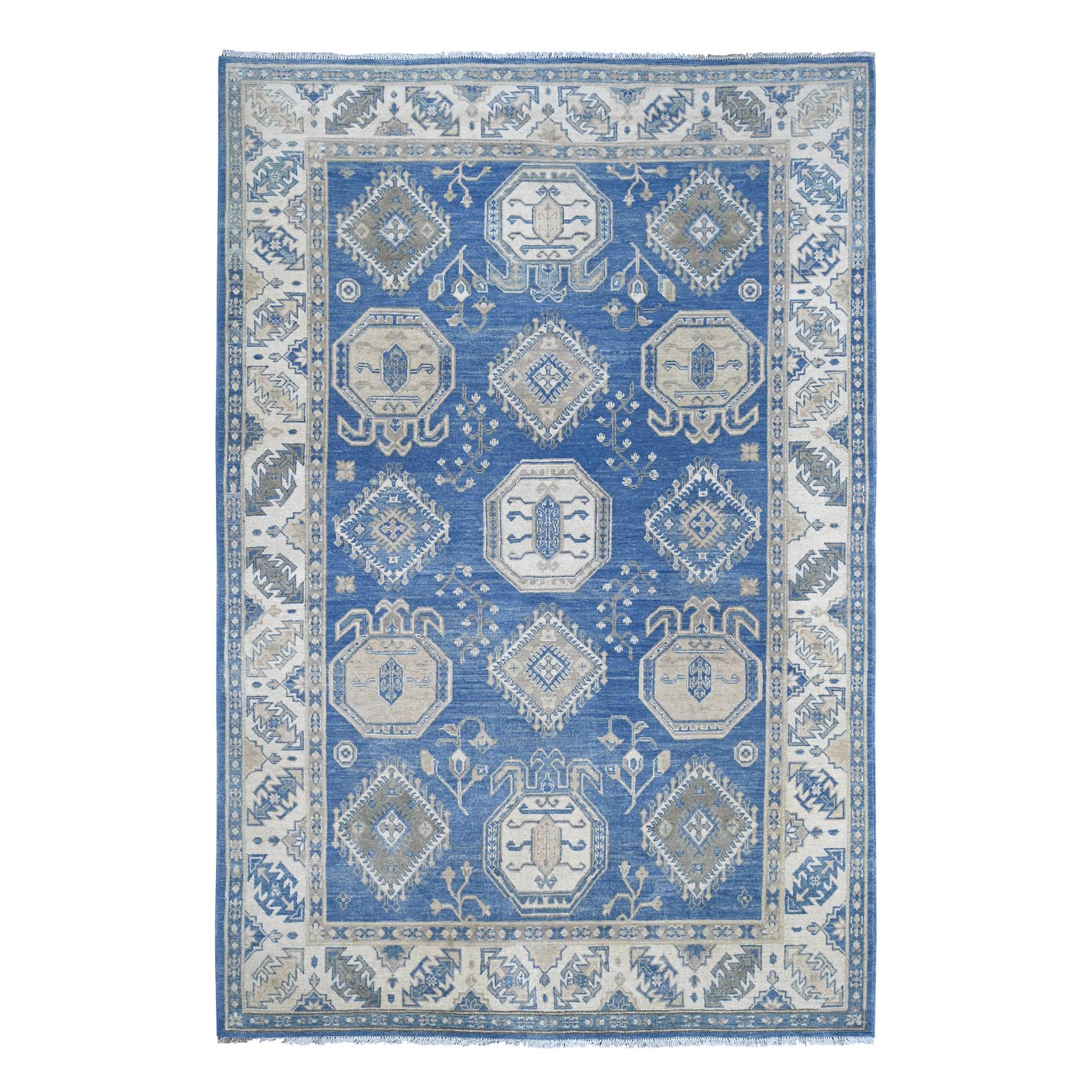 5'10"x8'8" Bayern Blue, Vintage Look Kazak with Tribal Medallions, Hand Knotted, 100% Wool, Natural Dyes, Oriental Rug 